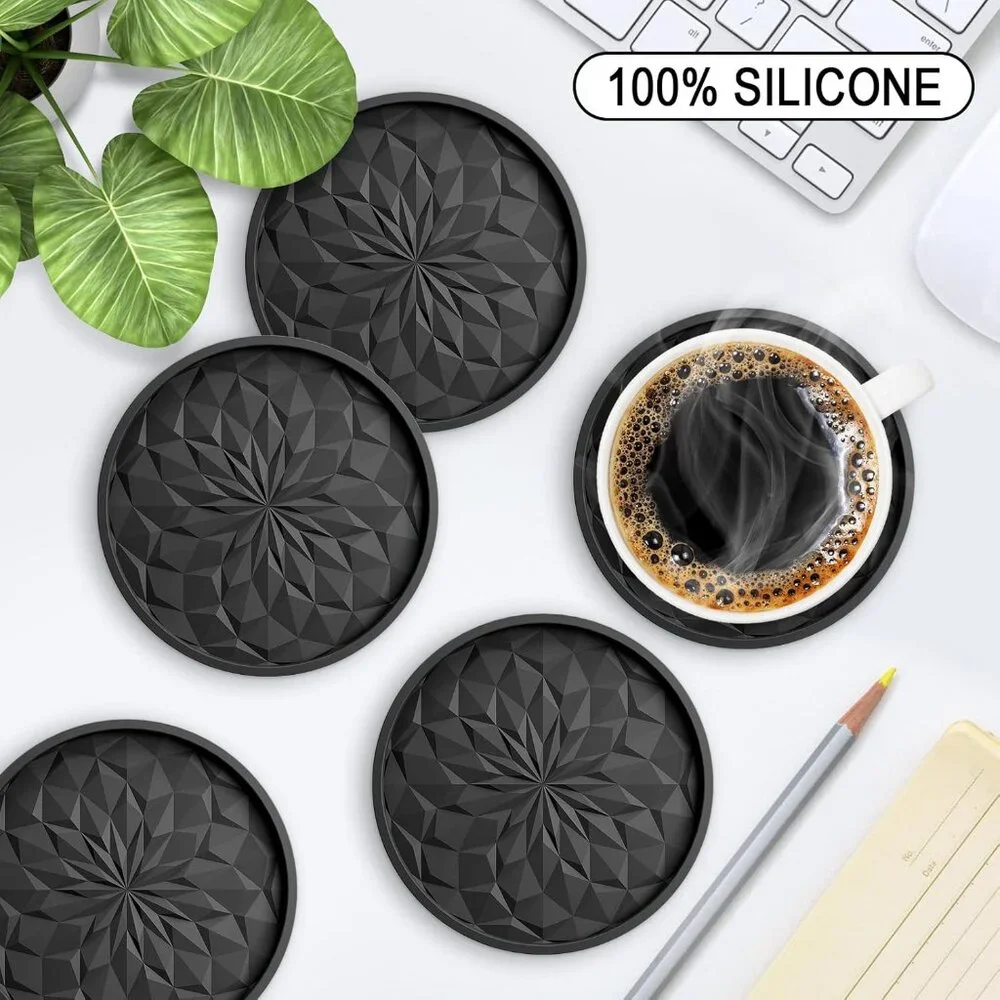 New Silicone Coasters with Holder,[6 Pack] Drinking Coasters - Cup Mat for Hot